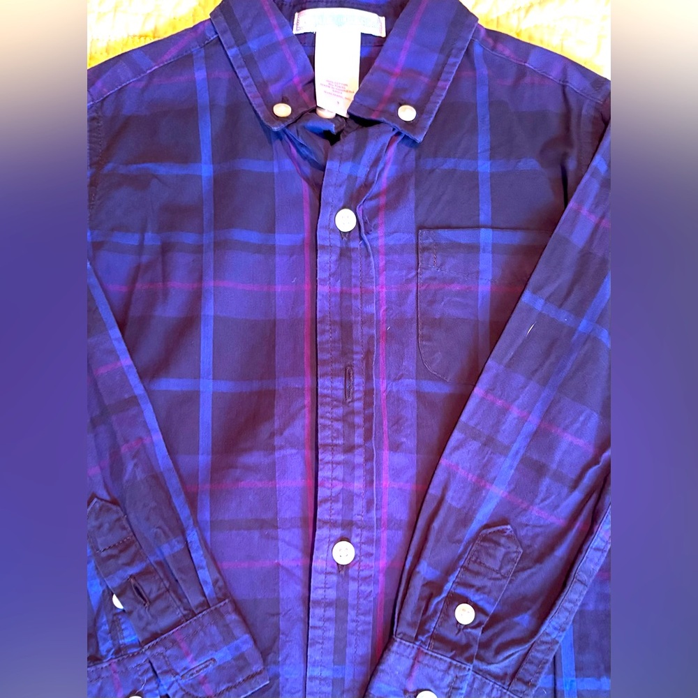 Janie & Jack Plaid Button Down Shirt Long Sleeve Navy& Purple plaid-  Size 3